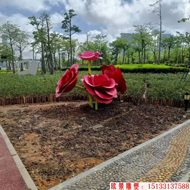 不銹鋼仿真玫瑰花雕塑，公園花朵雕塑1