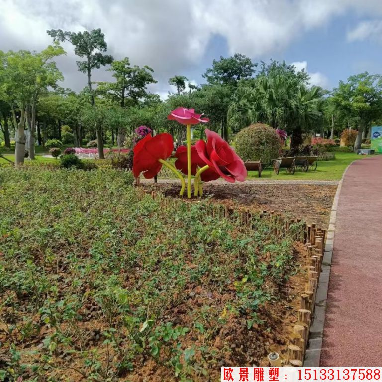 不銹鋼仿真玫瑰花雕塑，公園花朵雕塑4